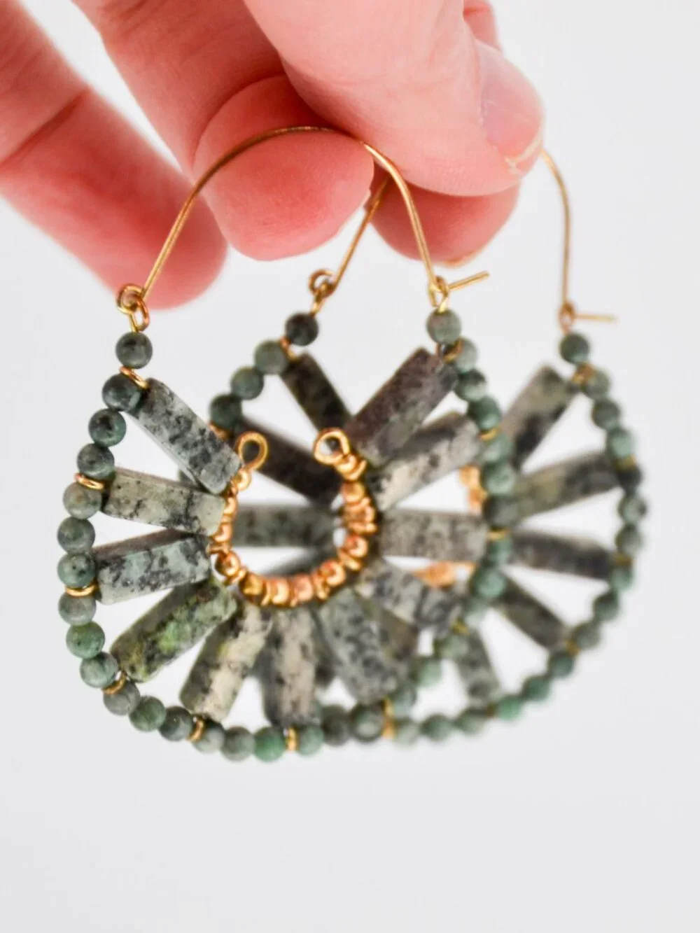 Anthropologie Green Stone Hoop Earrings Gold Toned